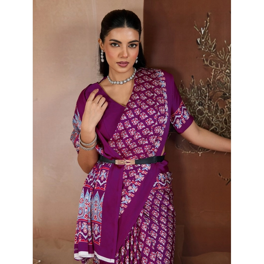 Women's Satin Crepe Printed Saree With Unstitched Blouse 5.5Mtr (Purple)