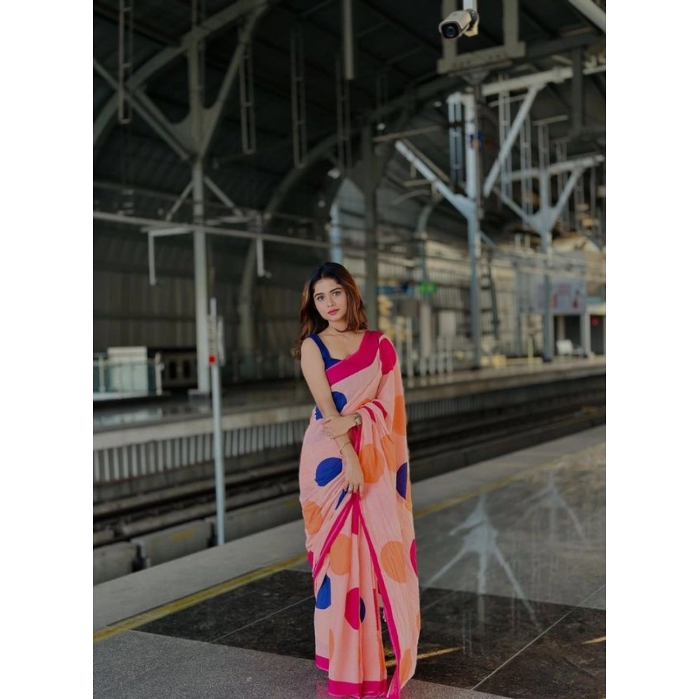 Women's Linen Printed Saree With Unstitched Blouse 5.5Mtr (Orange) Women's Linen Printed Saree With Unstitched Blouse 5.5Mtr (Orange)