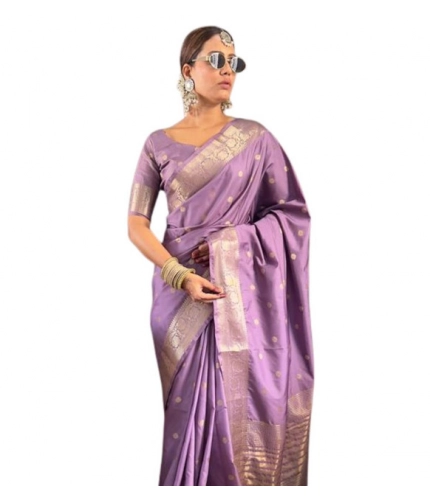 Women's Satin Printed Saree With Unstitched Blouse 5.5Mtr (Purple)