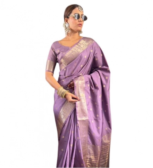 Women's Satin Printed Saree With Unstitched Blouse 5.5Mtr (Purple)