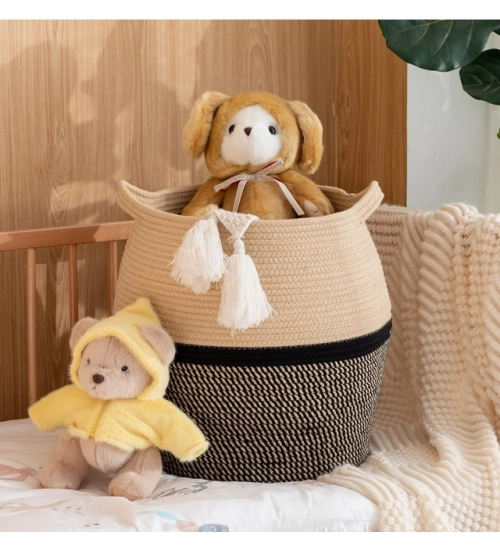 Cotton Matka 14x12 Inch Storage Basket For Clothes (Beige Black)