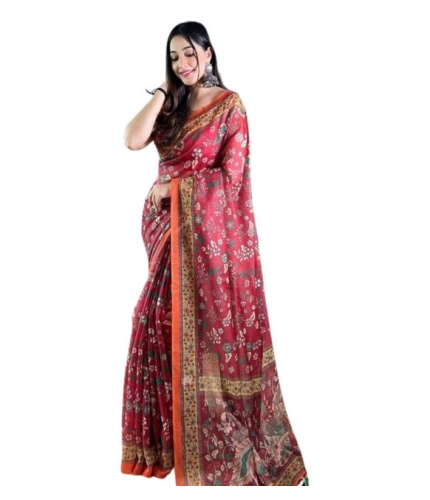 Women's Linen Printed Saree With Unstitched Blouse 5.5Mtr (Red)