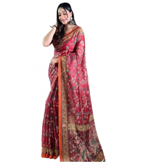 Women's Linen Printed Saree With Unstitched Blouse 5.5Mtr (Red)