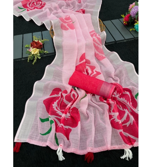 Women's Linen Cotton  Printed Saree With Unstitched Blouse 5.5Mtr (Pink)