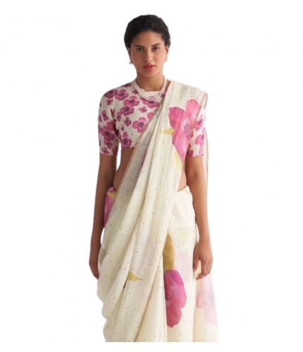 Women's Linen Printed Saree With Unstitched Blouse 5.5Mtr (White)