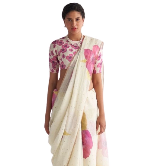 Women's Linen Printed Saree With Unstitched Blouse 5.5Mtr (White)