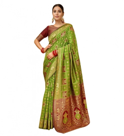 Women's Silk Blend Woven Zari Work Saree With Unstitched Blouse 5.5Mtr (Light Green)