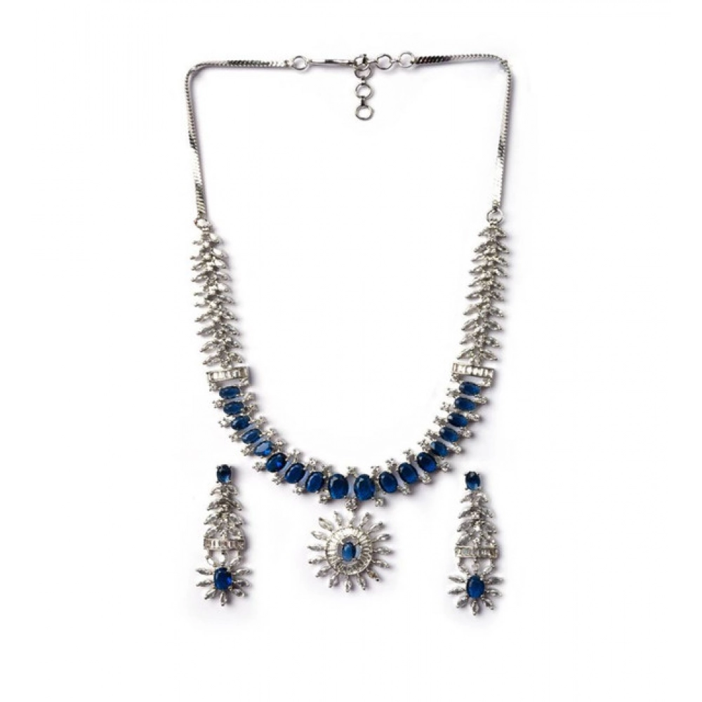Women's Brass Silver Plated Necklace set (Blue)