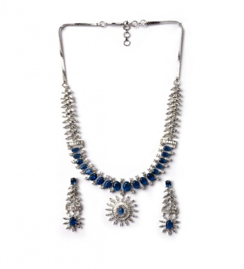 Women's Brass Silver Plated Necklace set (Blue)