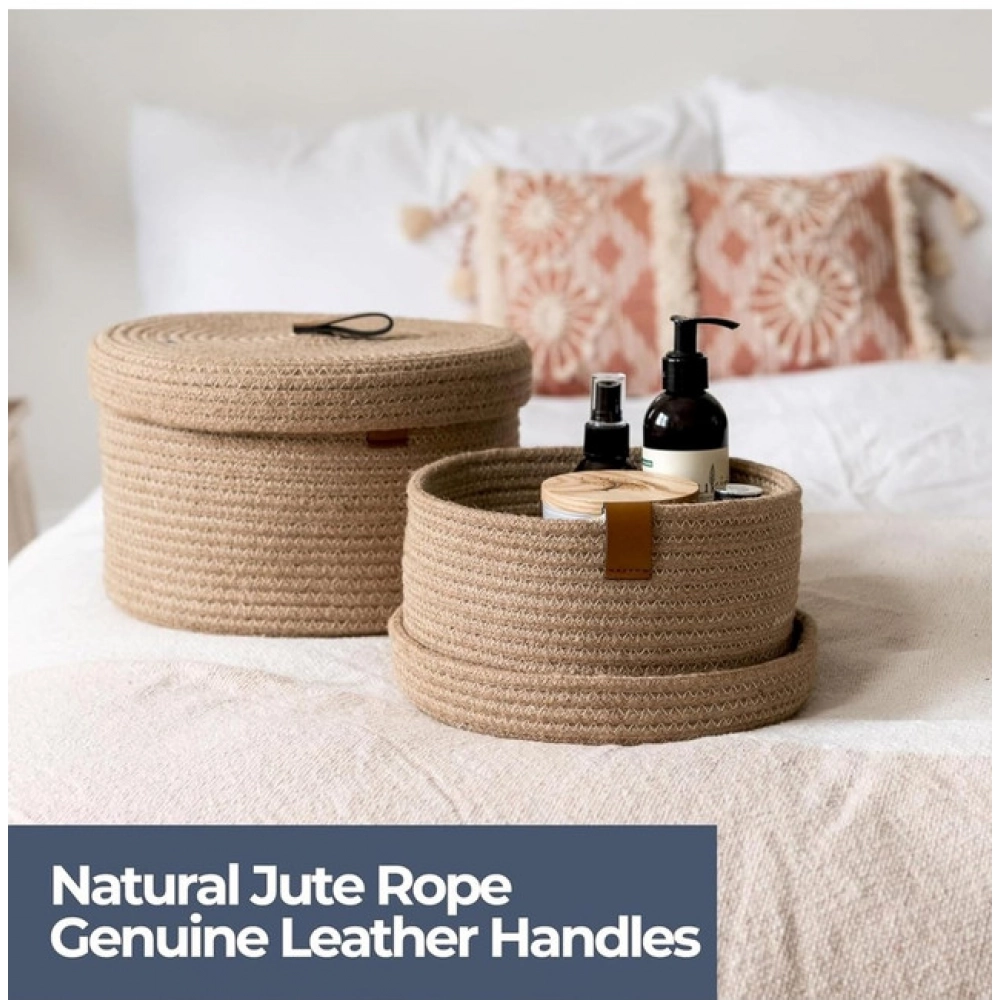 Cotton 3 Pcs Set Roti Box Storage Basket With Lid (Beige)