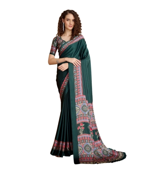Women's Satin Crepe Printed Saree With Unstitched Blouse 5.5Mtr (Green)