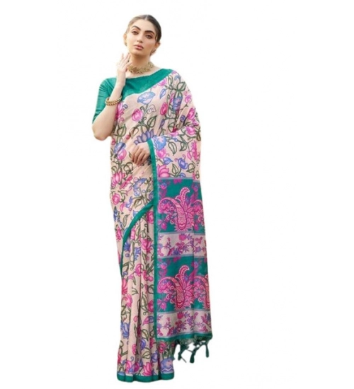 Women's Faux_Tussar Kalamkari_Print Saree With Unstitched Blouse 5.5Mtr (Green)