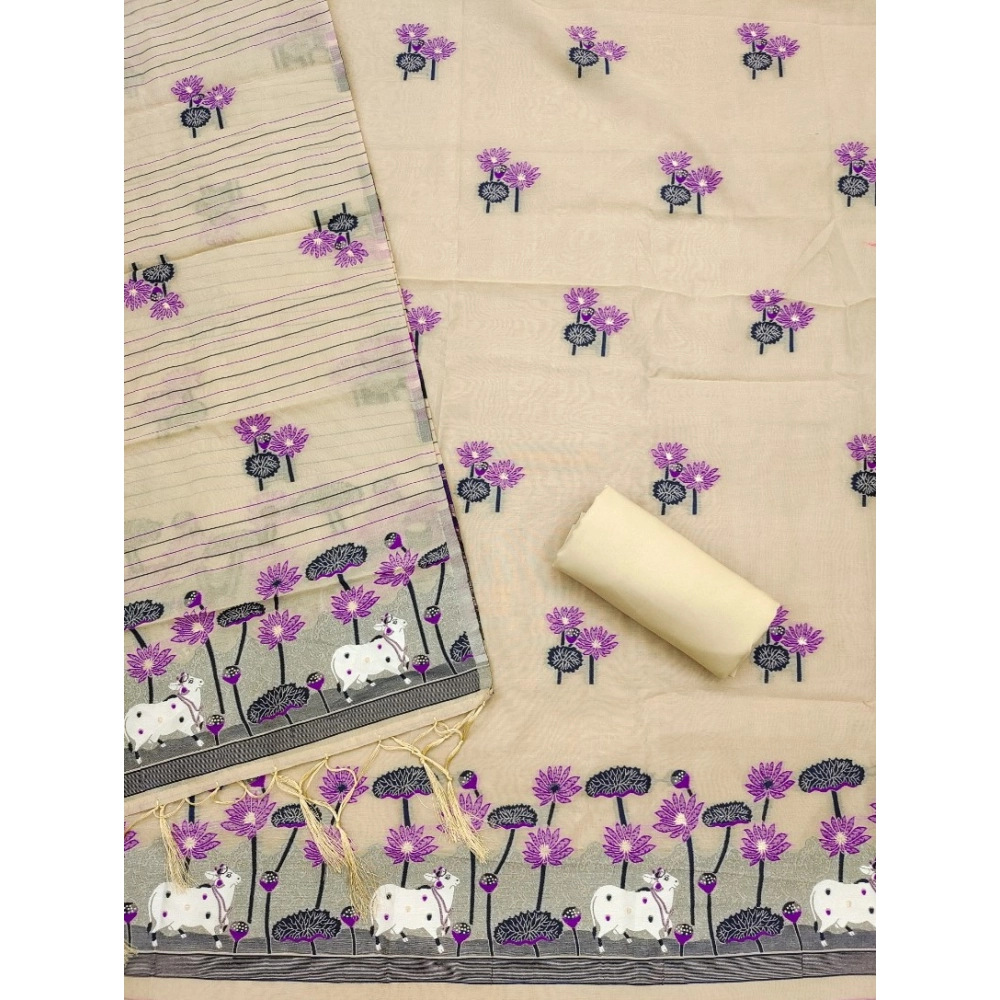 Women's Banarasi Silk Printed Unstitched Salwar Suit Material With Dupatta (Cream, 3Mtrs)