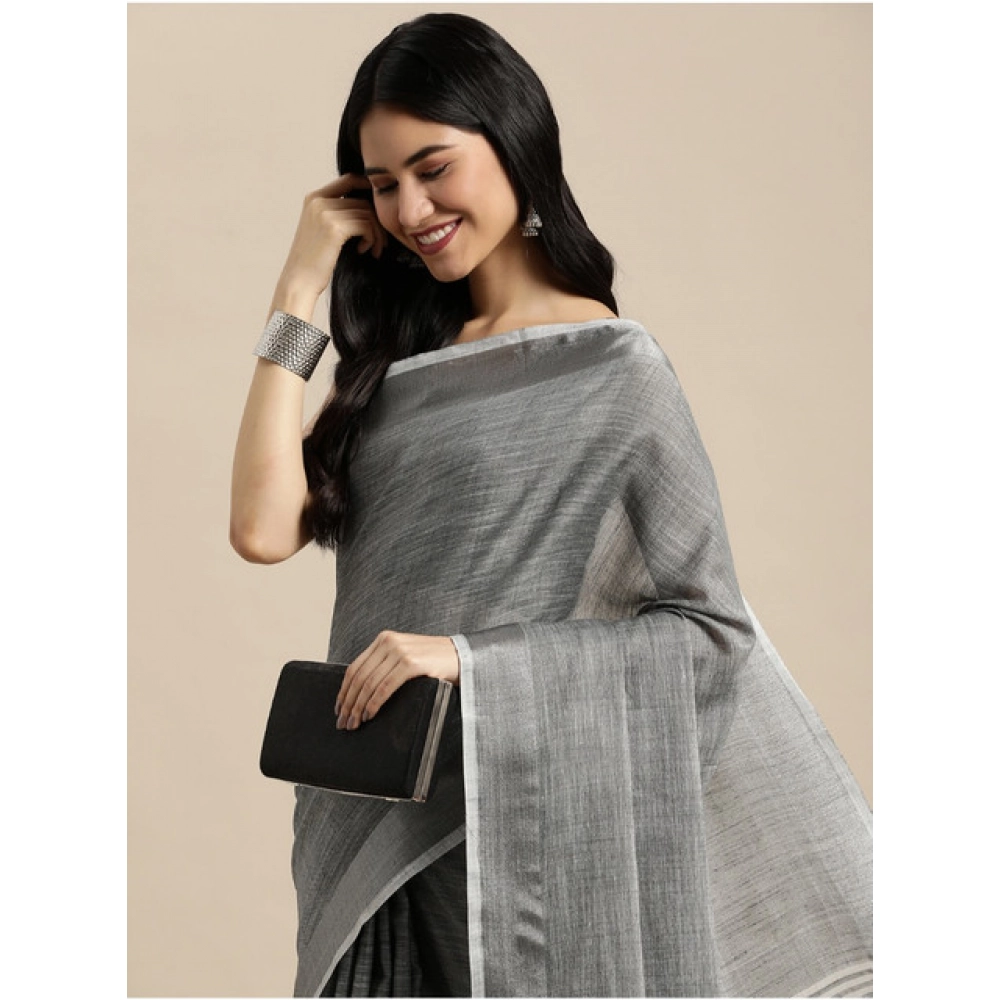 Women's Linen Cotton Printed Saree With Unstitched Blouse 5.5Mtr (Dark Grey) Women's Linen Cotton Printed Saree With Unstitched Blouse 5.5Mtr (Dark Grey)
