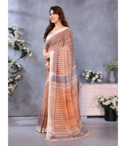 Women's Linen Cotton Printed Saree With Unstitched Blouse 5.5Mtr (Brown) Women's Linen Cotton Printed Saree With Unstitched Blouse 5.5Mtr (Brown)