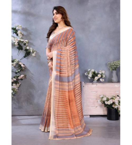 Women's Linen Cotton  Printed Saree With Unstitched Blouse 5.5Mtr (Brown)