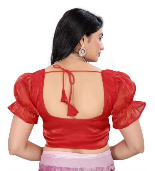 Women's Jimmy Solid Designer Neck Elastic Sleeve Readymade Blouse (Red 38 , Alterable up to 42)-PID65834