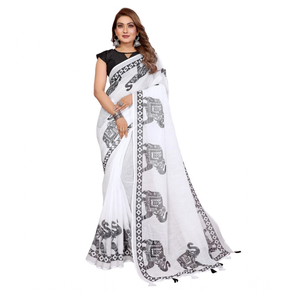 Women's Linen Cotton Printed Saree With Unstitched Blouse 5.5Mtr (White)