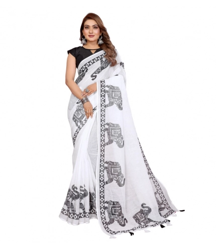 Women's Linen Cotton Printed Saree With Unstitched Blouse 5.5Mtr (White)