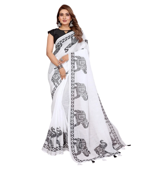 Women's Linen Cotton Printed Saree With Unstitched Blouse 5.5Mtr (White) Women's Linen Cotton Printed Saree With Unstitched Blouse 5.5Mtr (White)