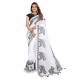 Women's Linen Cotton Printed Saree With Unstitched Blouse 5.5Mtr (White)