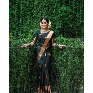 Generic Women's Litchi silk Printed Saree With Unstitched Blouse (Green)