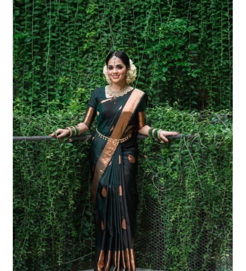 Women's Litchi silk Printed Saree With Unstitched Blouse (Green)