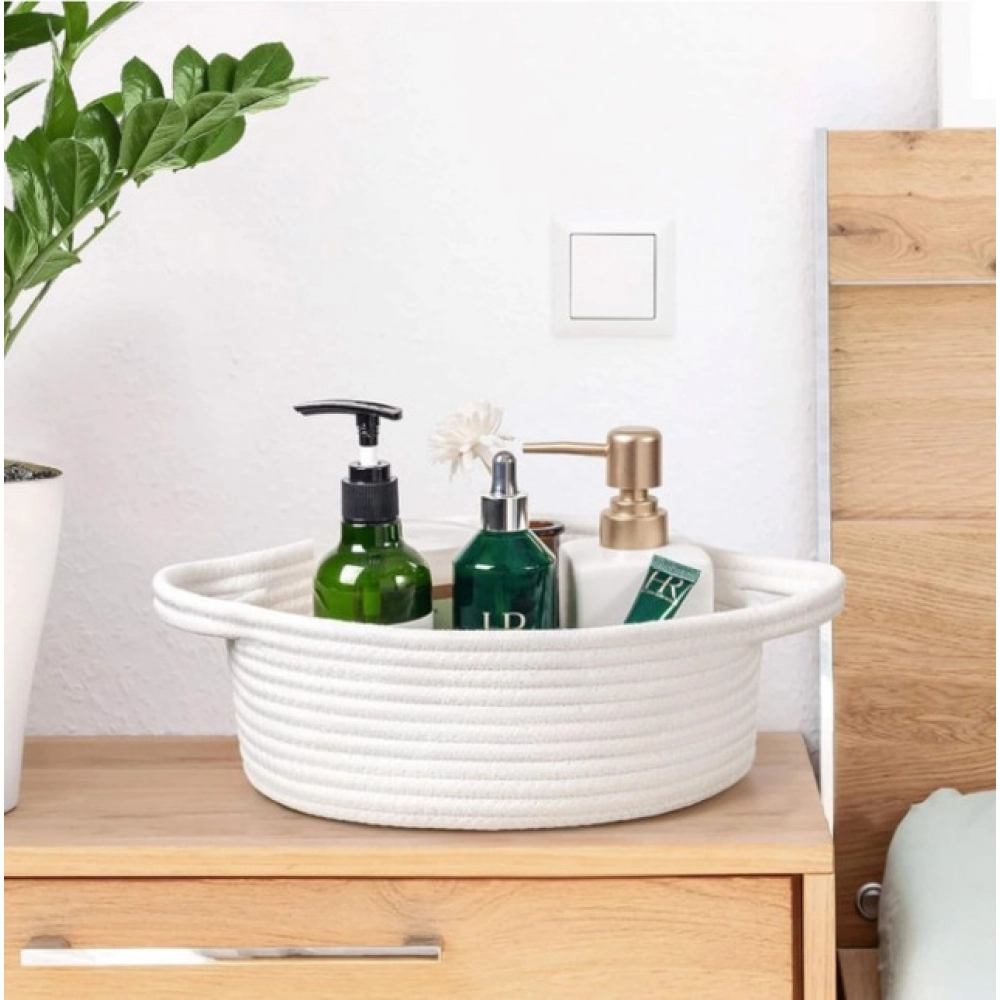 Cotton 8x3 Inch Round Bedside Organizer (White)