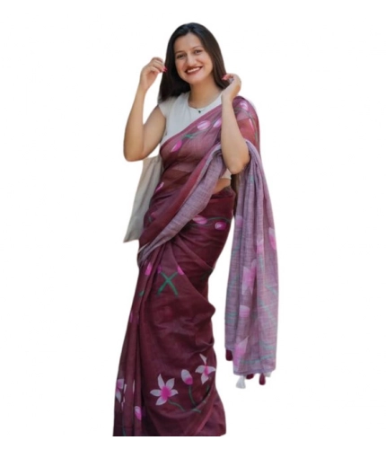 Women's Linen Printed Saree With Unstitched Blouse 5.5Mtr (Brown)