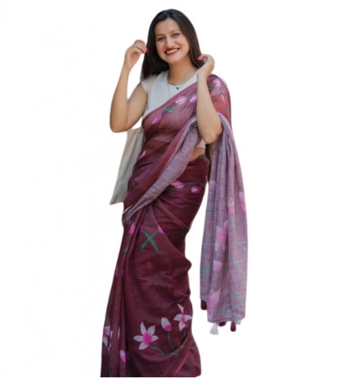 Women's Linen Printed Saree With Unstitched Blouse 5.5Mtr (Brown)