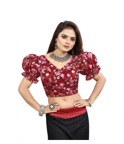 Women's Organza Printed V Neck Puff Sleeve Readymade Blouse (Maroon 38 , Alterable up to 42)-PID65866