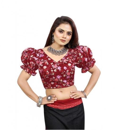 Women's Organza Printed V Neck Puff Sleeve Readymade Blouse (Maroon 38 , Alterable up to 42)-PID65866 Women's Organza Printed V Neck Puff Sleeve Readymade Blouse (Maroon 38 , Alterable up to 42)-PID65866