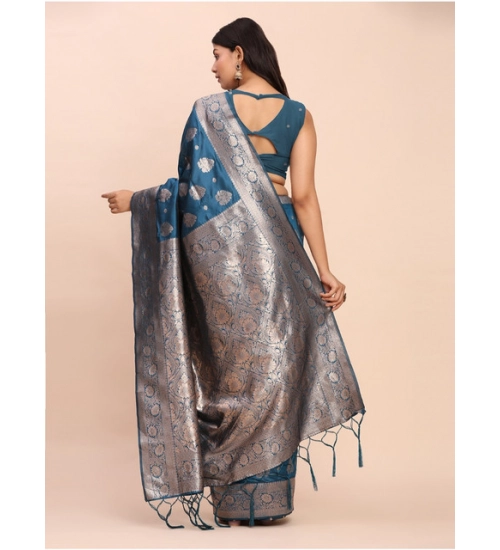 Women's Banarasi Silk Printed Saree With Unstitched Blouse 5.5Mtr (Teal Blue)