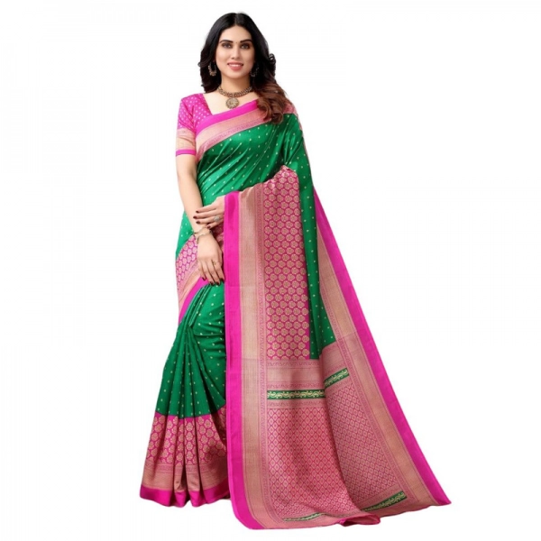 Dropship Women's Litchi silk Printed Saree With Unstitched Blouse  5-6 Mtrs (Green)