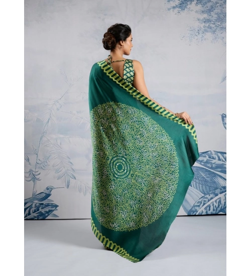 Women's Satin Crepe Printed Saree With Unstitched Blouse 5.5Mtr (Green)