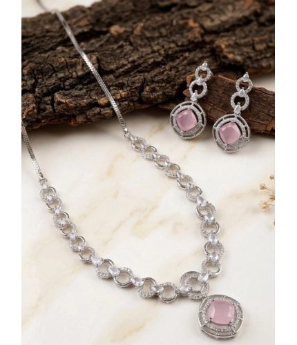 Women's Brass Silver Plated Necklace set (Pink)