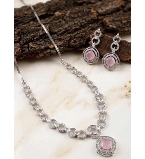 Women's Brass Silver Plated Necklace set (Pink)