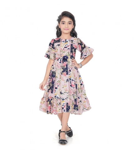 Girl's Shiffon Printed Half Sleeve Round Neck Dress (Peach)