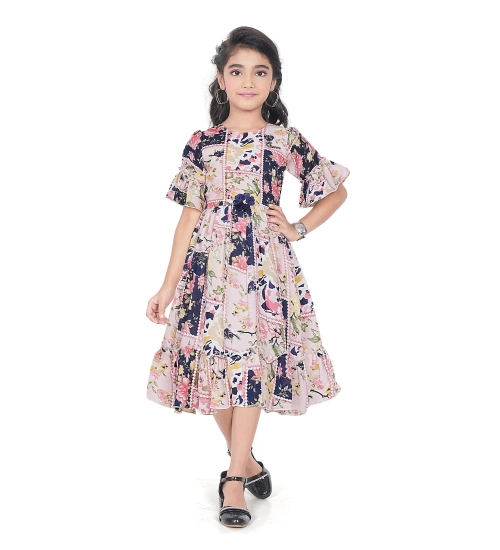 Girl's Shiffon Printed Half Sleeve Round Neck Dress (Peach)