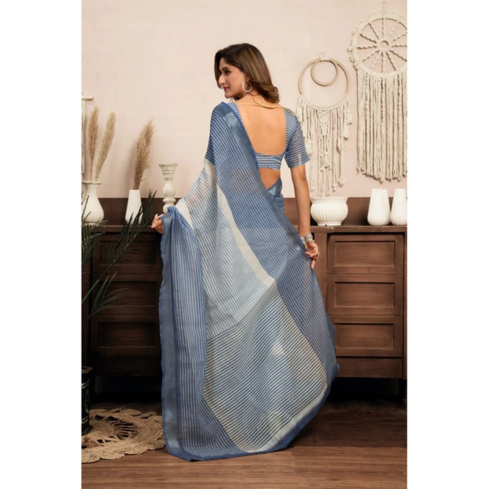 Women's Linen Cotton Printed Ready To Wear With Pocket Saree With Unstitched Blouse 5.5 Mtr (Light_Blue) Women's Linen Cotton Printed Ready To Wear With Pocket Saree With Unstitched Blouse 5.5 Mtr (Light_Blue)