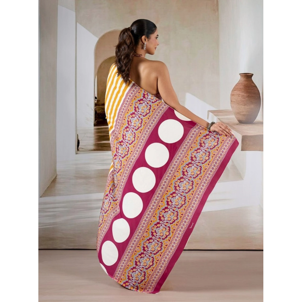 Women's Satin Crepe Printed Saree With Unstitched Blouse 5.5Mtr (Mustard)