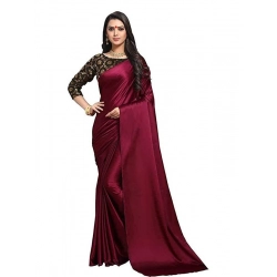 Women's Satin Solid Saree With Unstitched Blouse 5.5Mtr (Maroon)