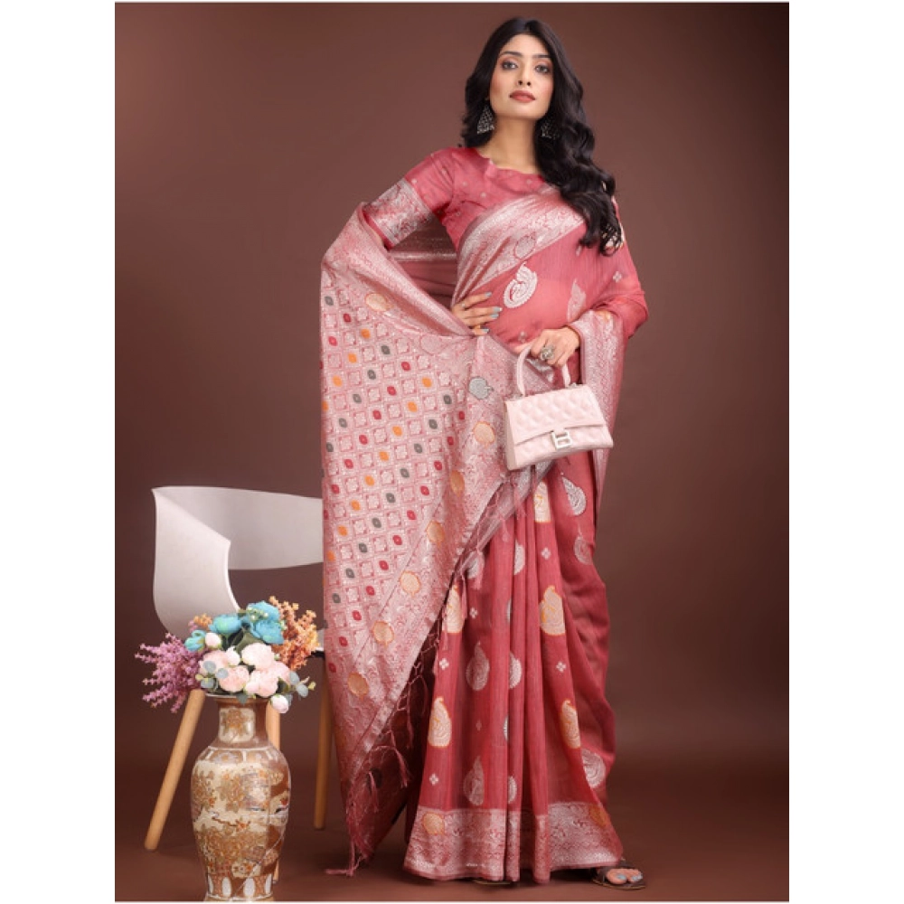 Women's Linen Cotton Printed Saree With Unstitched Blouse 5.5Mtr (Pink) Women's Linen Cotton Printed Saree With Unstitched Blouse 5.5Mtr (Pink)