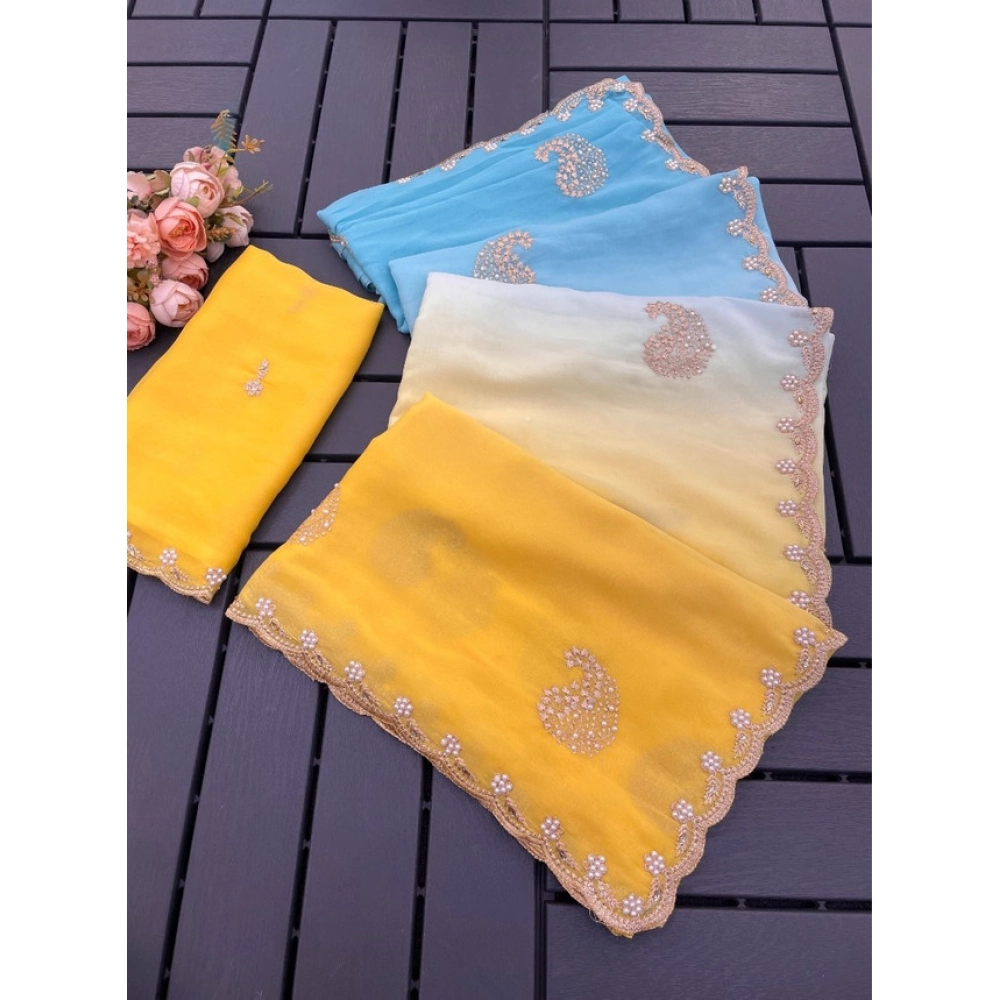 Women's Digital Printed  Geogette Saree With Unstitched Blouse (Yellow, 5-6 Mtrs)