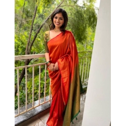 Women's Litchi silk Printed Saree With Unstitched Blouse (Red)