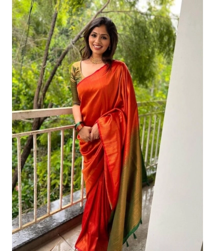 Women's Litchi silk Printed Saree With Unstitched Blouse (Red)