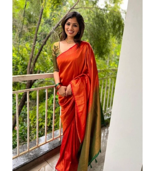 Women's Litchi silk Printed Saree With Unstitched Blouse (Red)