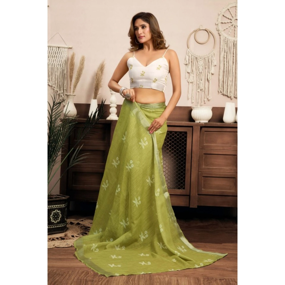 Women's Linen Cotton Printed Ready To Wear Saree With Unstitched Blouse 5.5 Mtr (Light_Green)