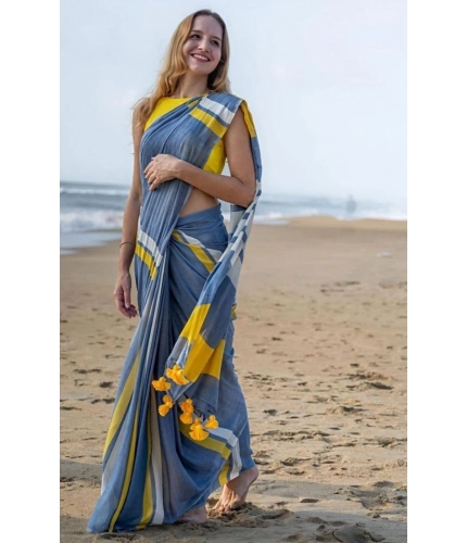 Women's Linen Printed Saree With Unstitched Blouse 5.5Mtr (Blue)