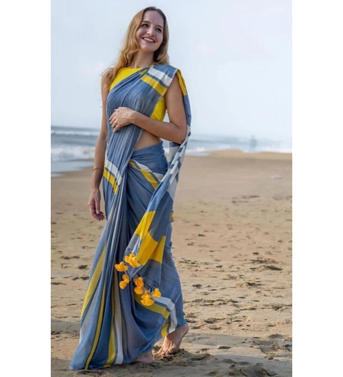Women's Linen Printed Saree With Unstitched Blouse 5.5Mtr (Blue) Women's Linen Printed Saree With Unstitched Blouse 5.5Mtr (Blue)